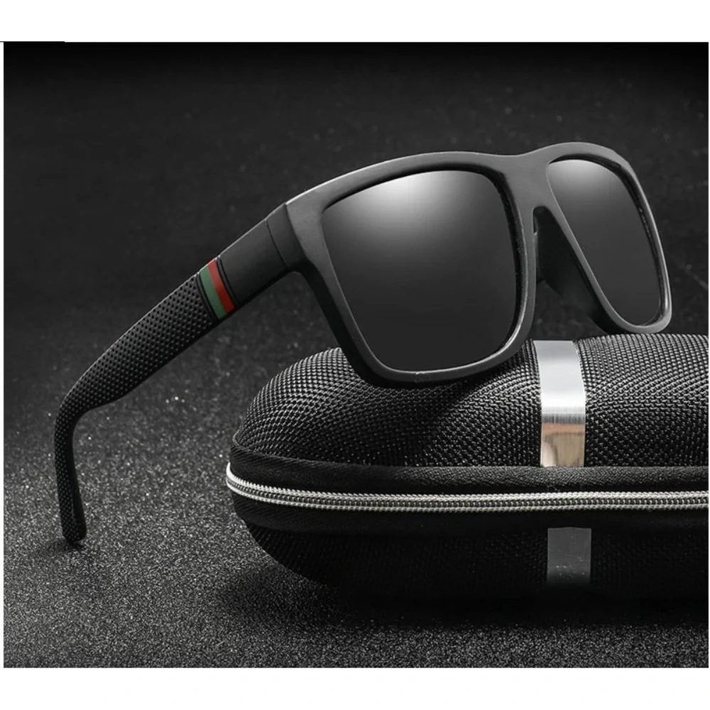 Mens Black Polarized Sunglasses Square Frame Red Green Stripe Detail Performance